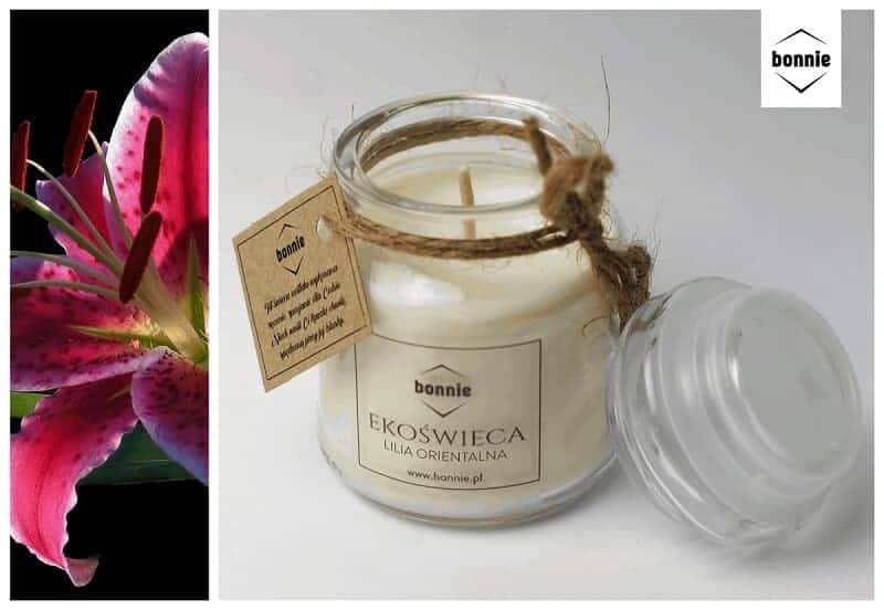 Sojowa świeca zapachowa marki Bonnie ze słoikiem standard i otwartym wieczkiem o zapachu lilii orientalnej