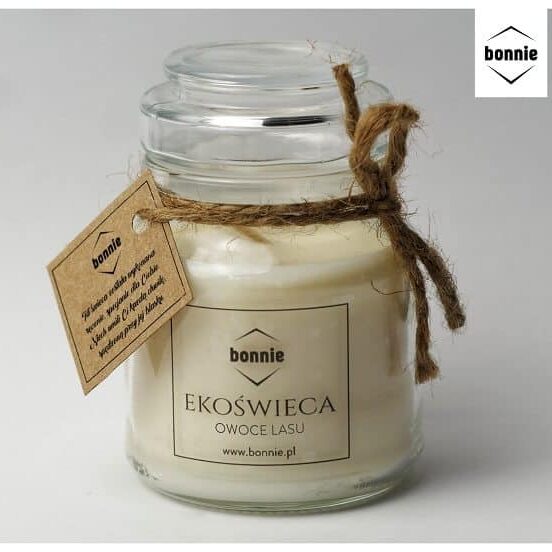 Sojowa świeca zapachowa marki Bonnie ze słoikiem premium i otwartym wieczkiem o zapachu owoców lasu