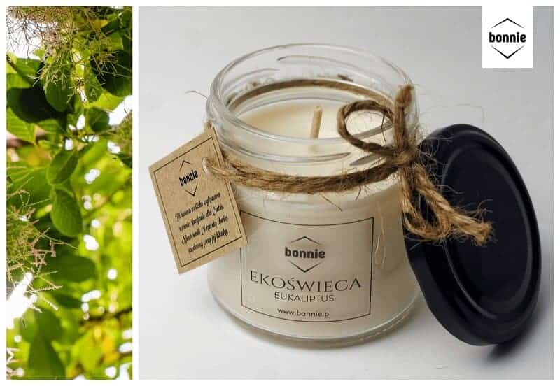 Sojowa świeca zapachowa marki Bonnie ze słoikiem premium i zamkniętym wieczkiem o zapachu eukaliptusa