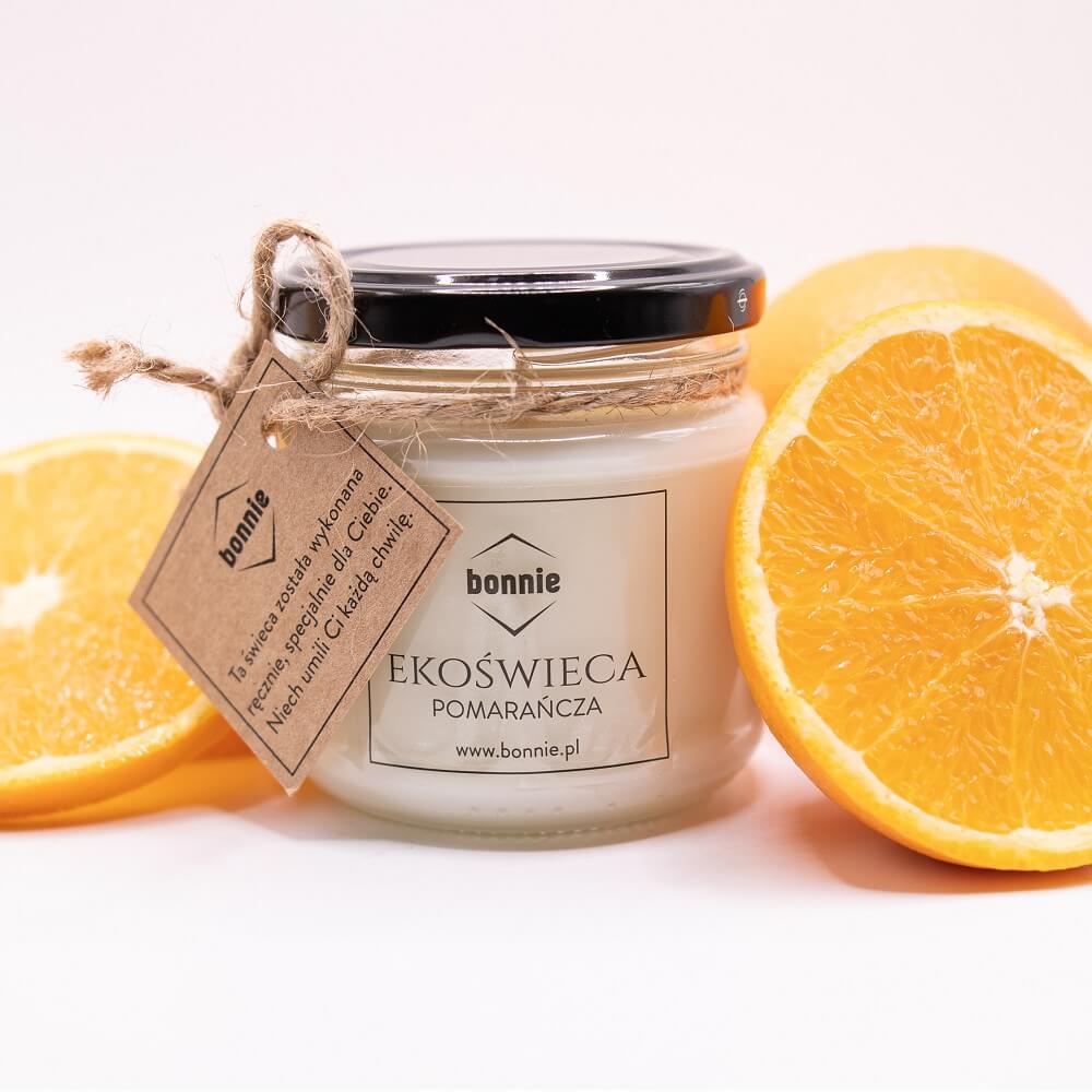 Zapachowa świeca sojowa marki Bonnie ze słoikiem premium i otwartym wieczkiem o zapachu pomarańczy