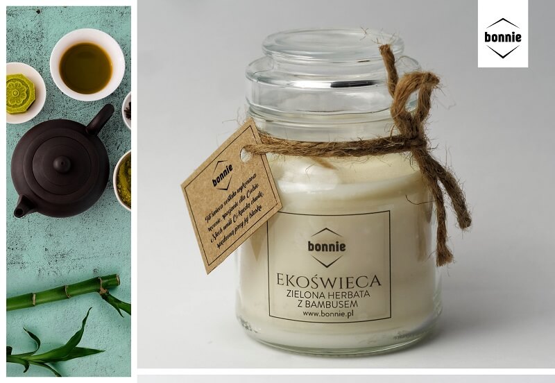 Sojowa świeca zapachowa marki Bonnie ze słoikiem premium i zamkniętym wieczkiem o zapachu zielona herbata z bambusem