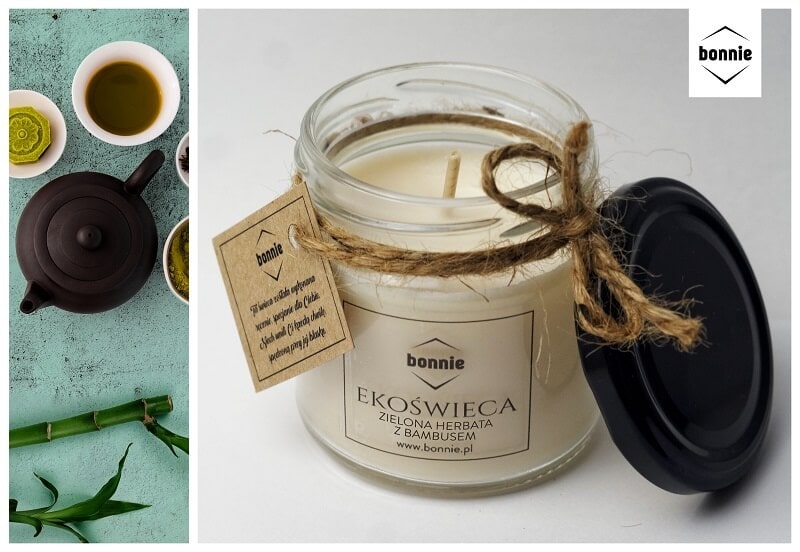 Sojowa świeca zapachowa marki Bonnie ze słoikiem standard i otwartym wieczkiem o zapachu zielonej herbaty z bambusem
